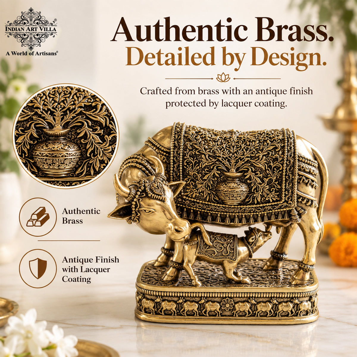 Pure Brass Kamdhenu Cow with Calf For Home Temple - 15.24 cm.