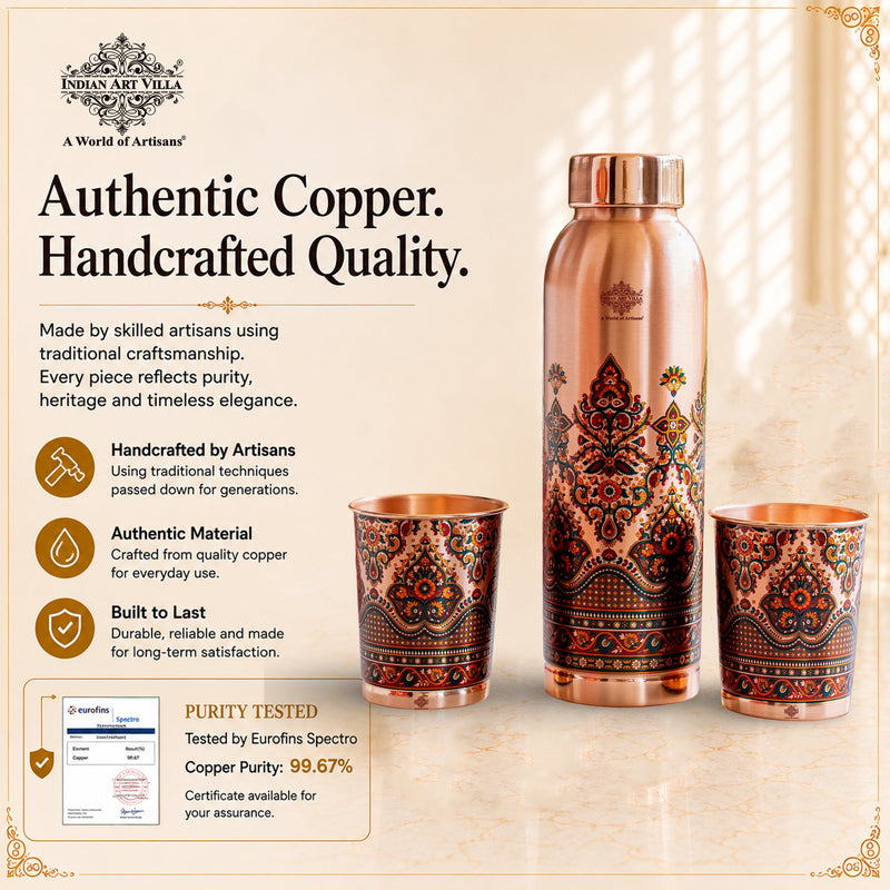 Pure Copper Madhubani Print Bottle & 2 Glass Gift Set – 940 ML