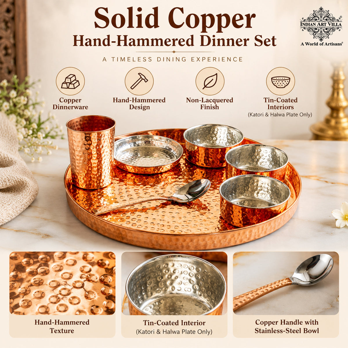 7-Piece Copper Dinner Set, Hammered Thali, 3 Katori, Plate, Glass & Spoon