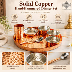 7-Piece Copper Dinner Set, Hammered Thali, 3 Katori, Plate, Glass & Spoon