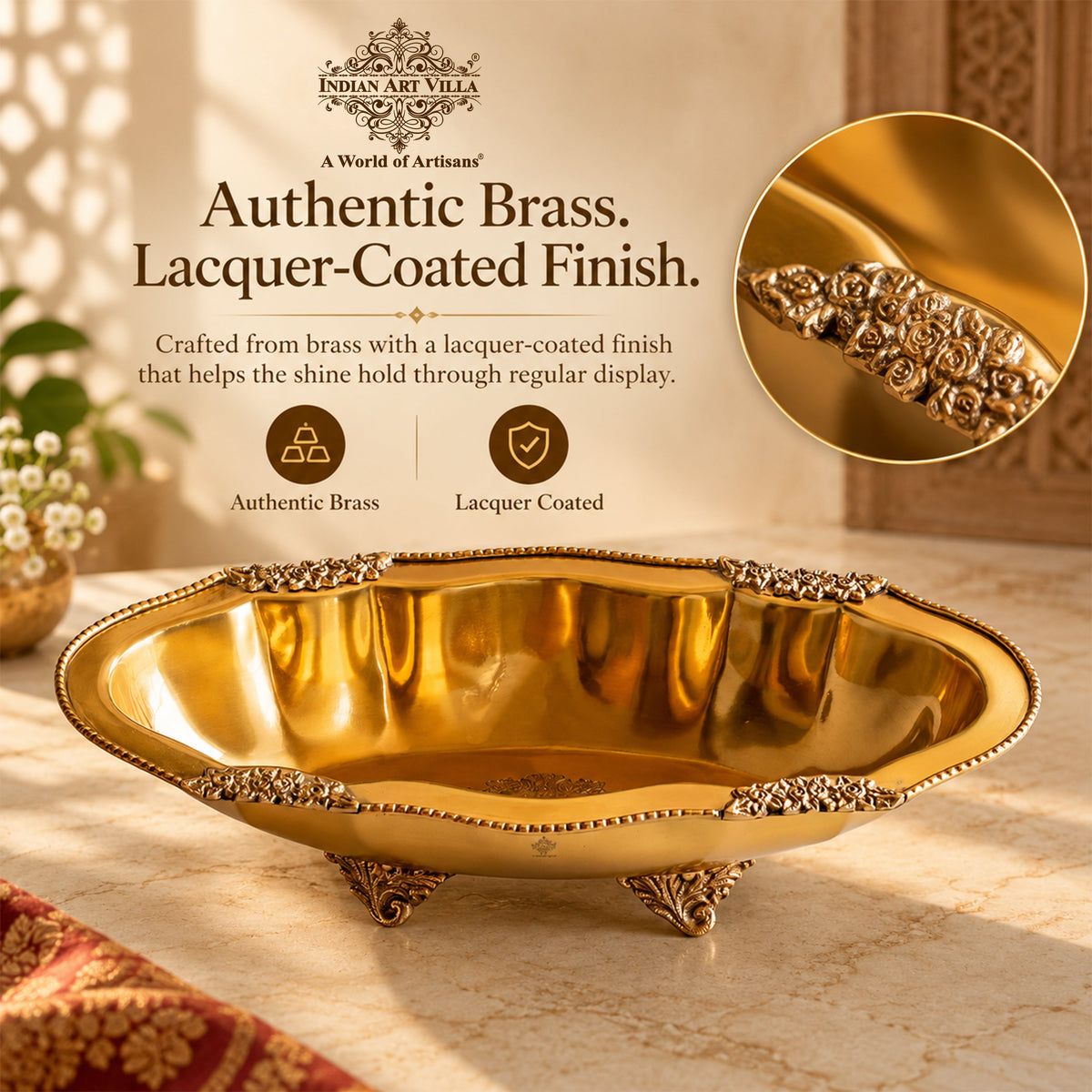 Pure Brass Oval Tray With Antique Floral Design For Home Décor - 31.75 cm