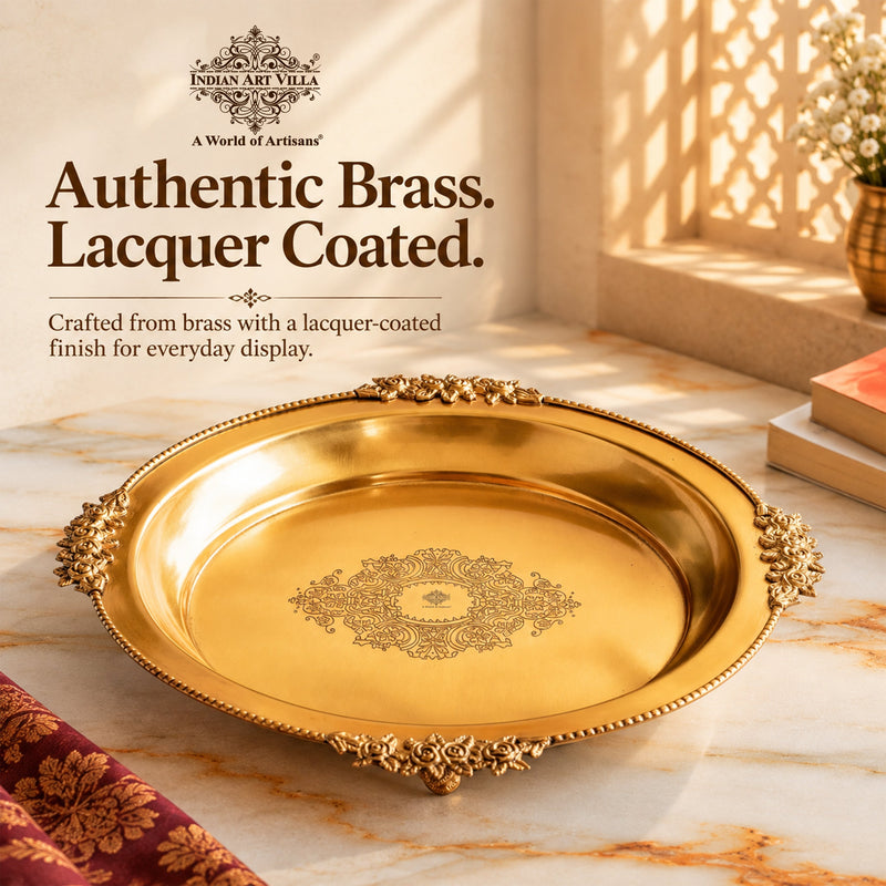 Pure Brass Round Tray with Rose Border For Home Décor