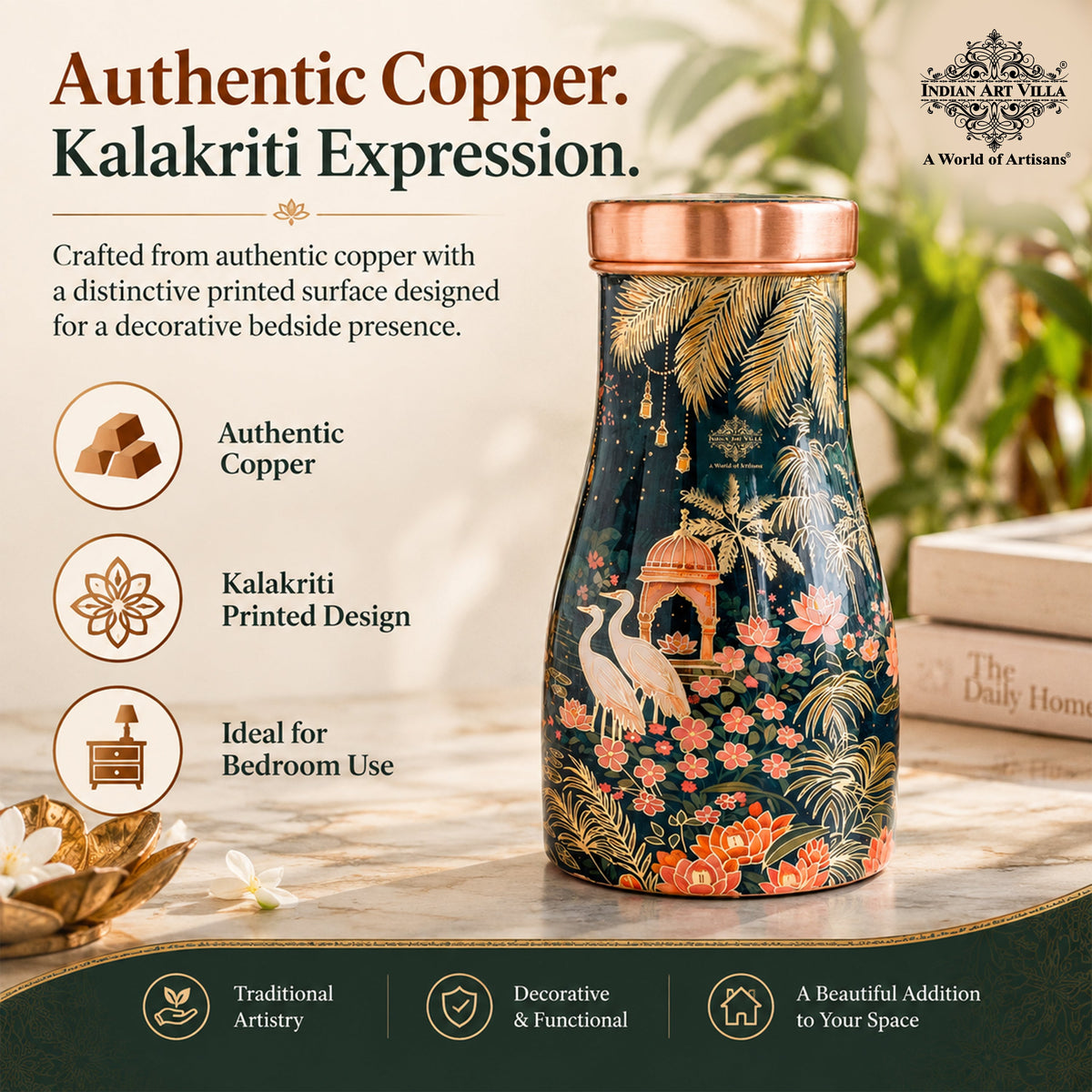Pure Copper Tawar Kalakriti Print Bedroom Bottle - 950 ML