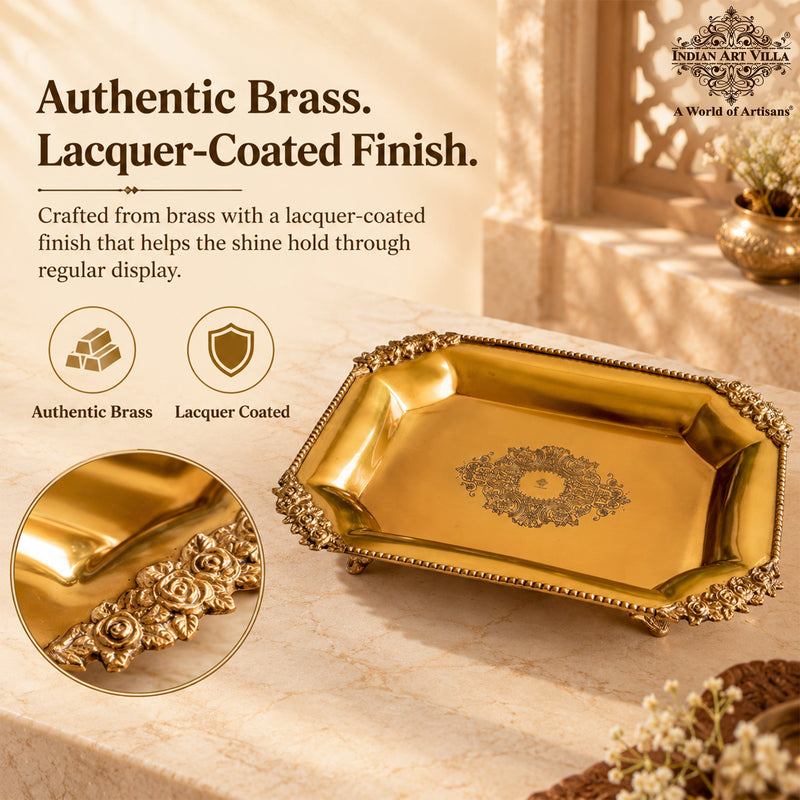 Pure Brass Rectangular Tray with Rose Corner Design