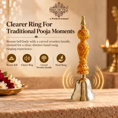 Bronze Pooja Bell with Carved Wooden Handle, Non-Lacquered