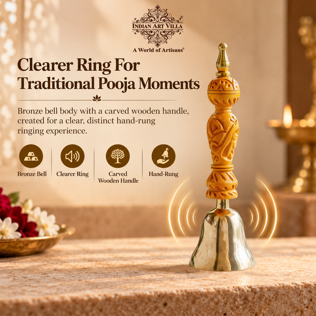 Bronze Pooja Bell with Carved Wooden Handle, Non-Lacquered