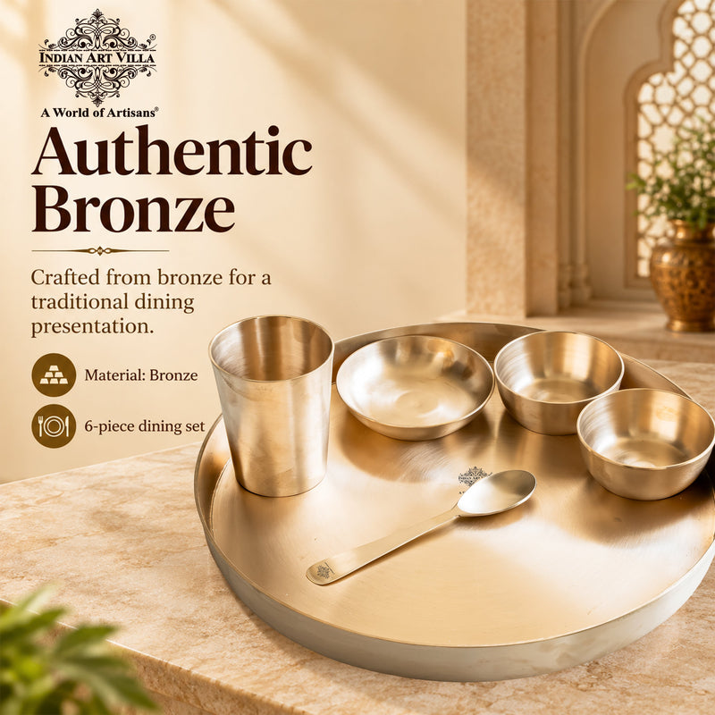 Bronze Dinner Set, 6-Piece with Thali, 2 Katori, Glass, Halwa Plate & Spoon
