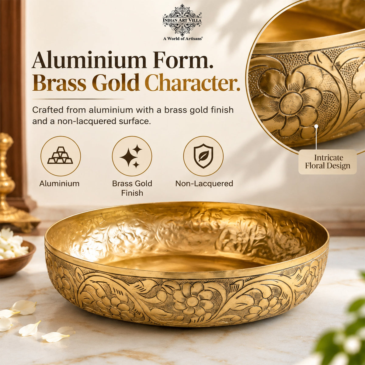 Brass Finish Urli Bowl with Floral Embossed Design