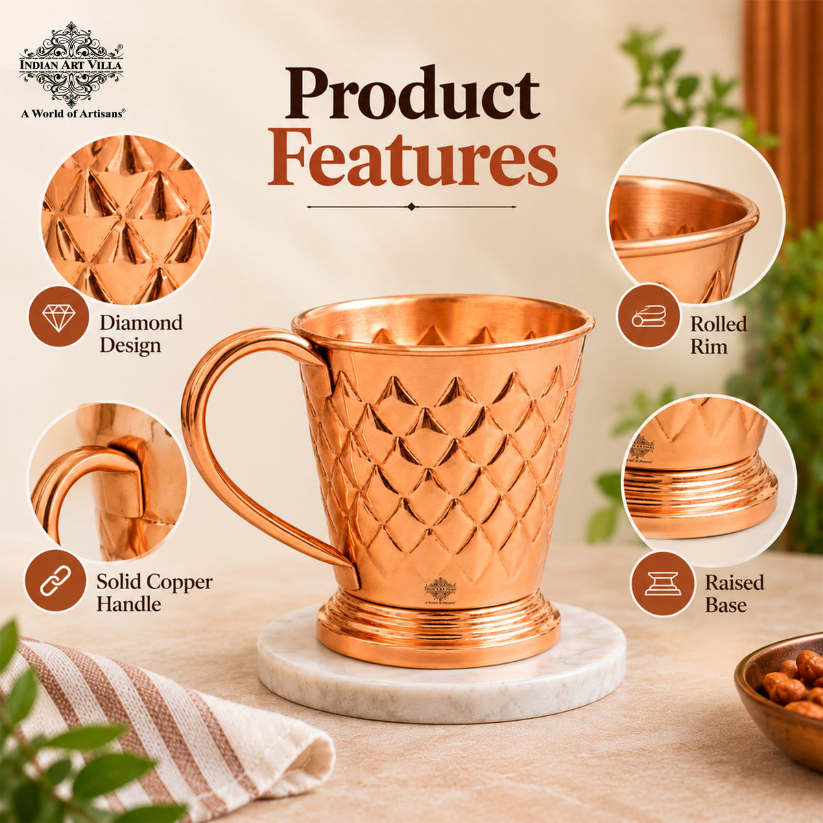 Pure Copper Diamond Hammered Moscow Mule Beer Mug - 450 ML