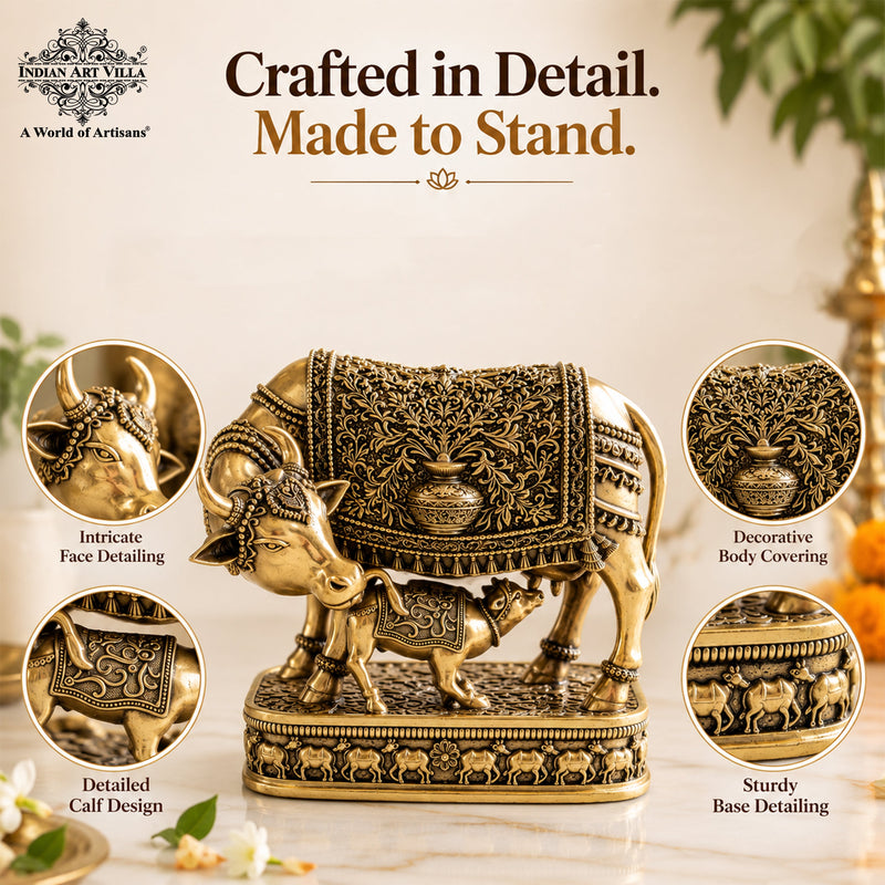 Pure Brass Kamdhenu Cow with Calf For Home Temple - 15.24 cm.