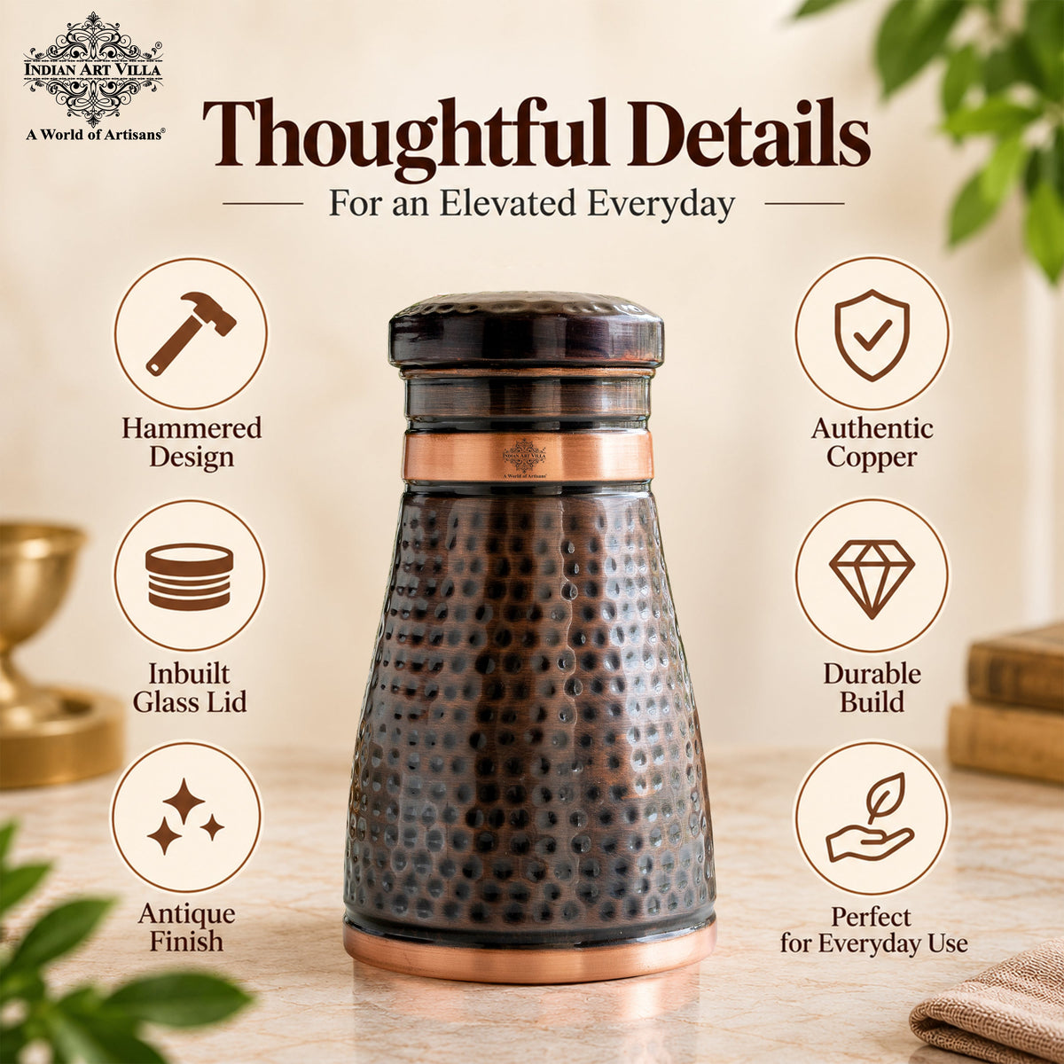 Copper Bedroom Bottle With Dark Hammered Design - 950ml