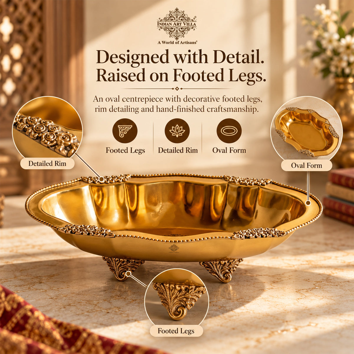 Pure Brass Oval Tray With Antique Floral Design For Home Décor - 31.75 cm