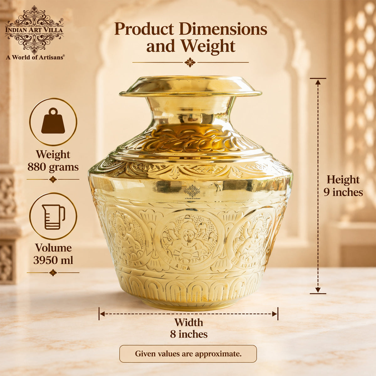 Brass Embossed Kalash with Scrollwork & Base, 3950ml — Hand-Embossed Finish – Authentic Brass