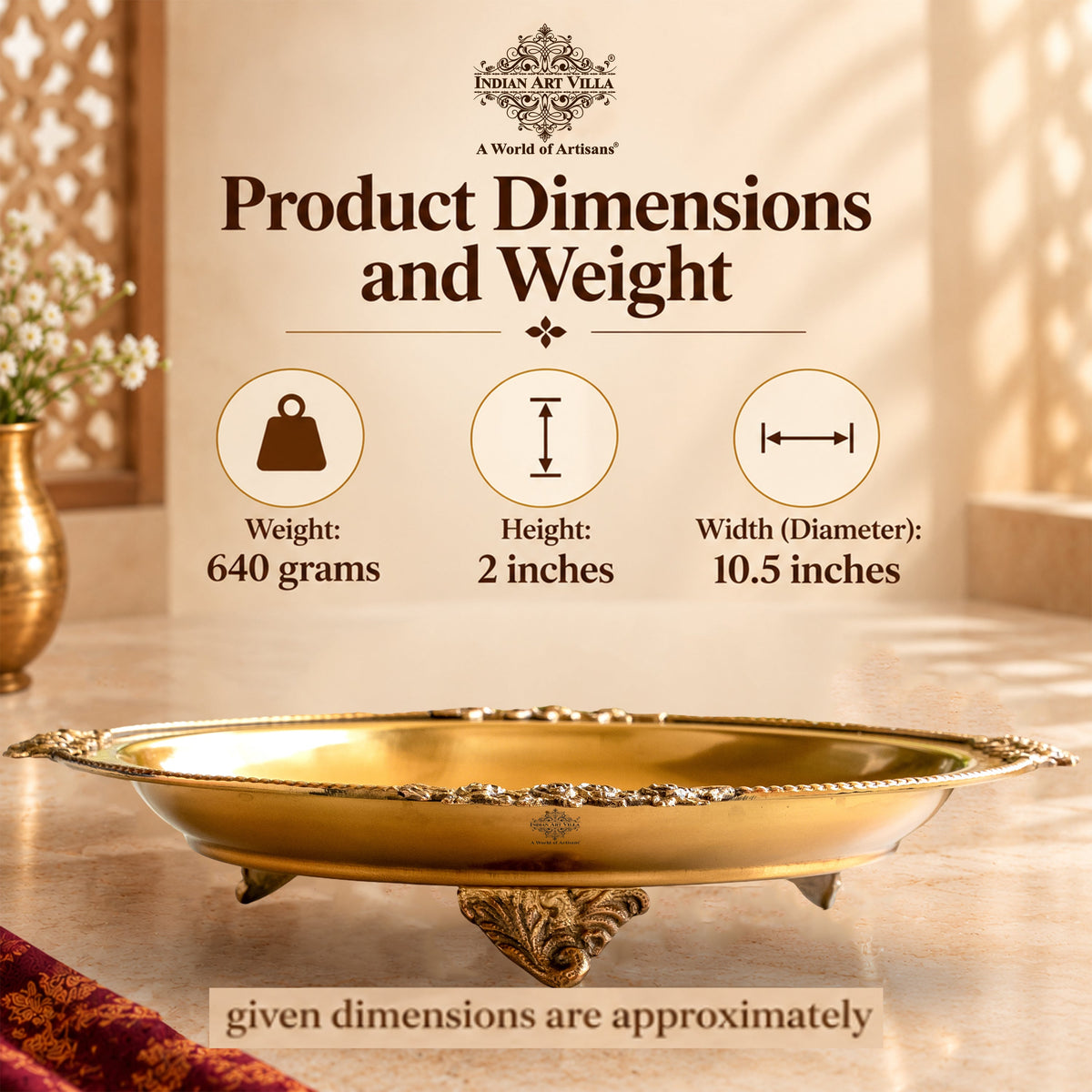Pure Brass Round Tray with Rose Border For Home Décor