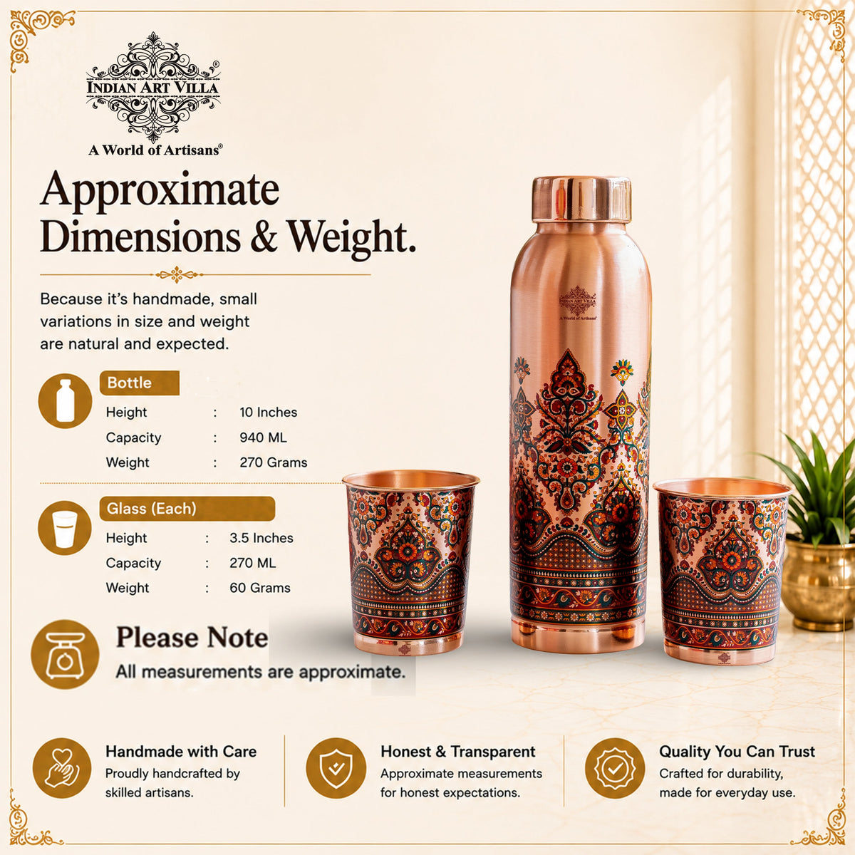 Pure Copper Madhubani Print Bottle & 2 Glass Gift Set – 940 ML