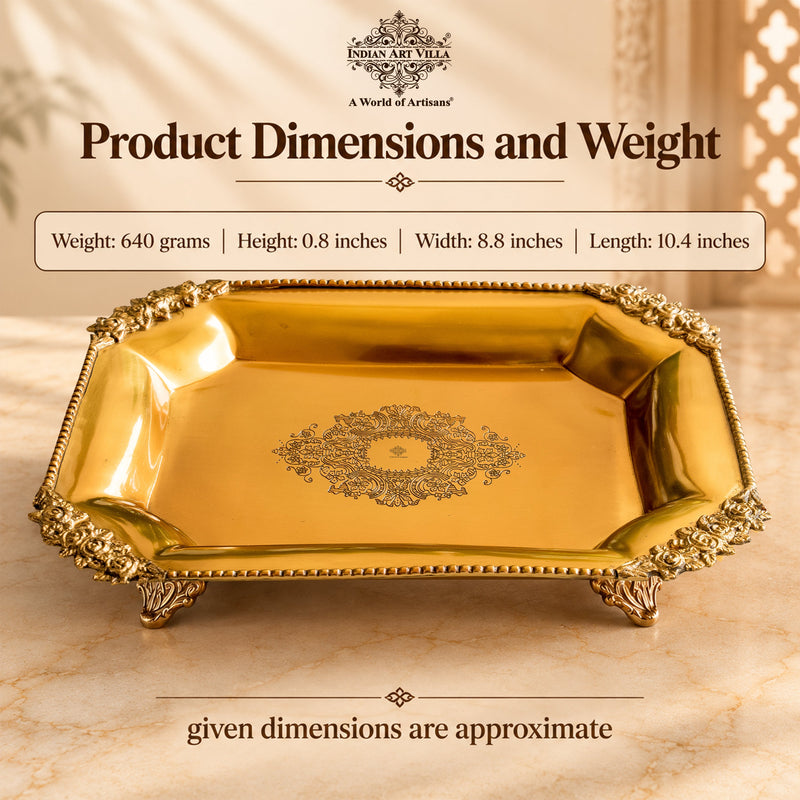 Pure Brass Rectangular Tray with Rose Corner Design