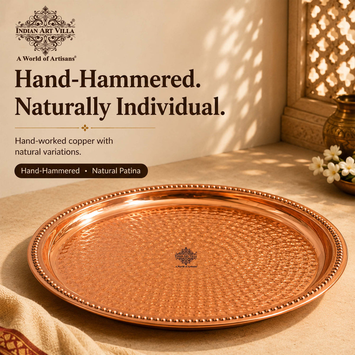 Copper Hammered Thali With Raised Edge - 30 CM