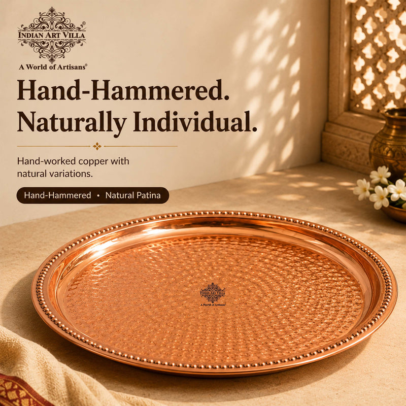 Copper Hammered Thali With Raised Edge - 30 CM