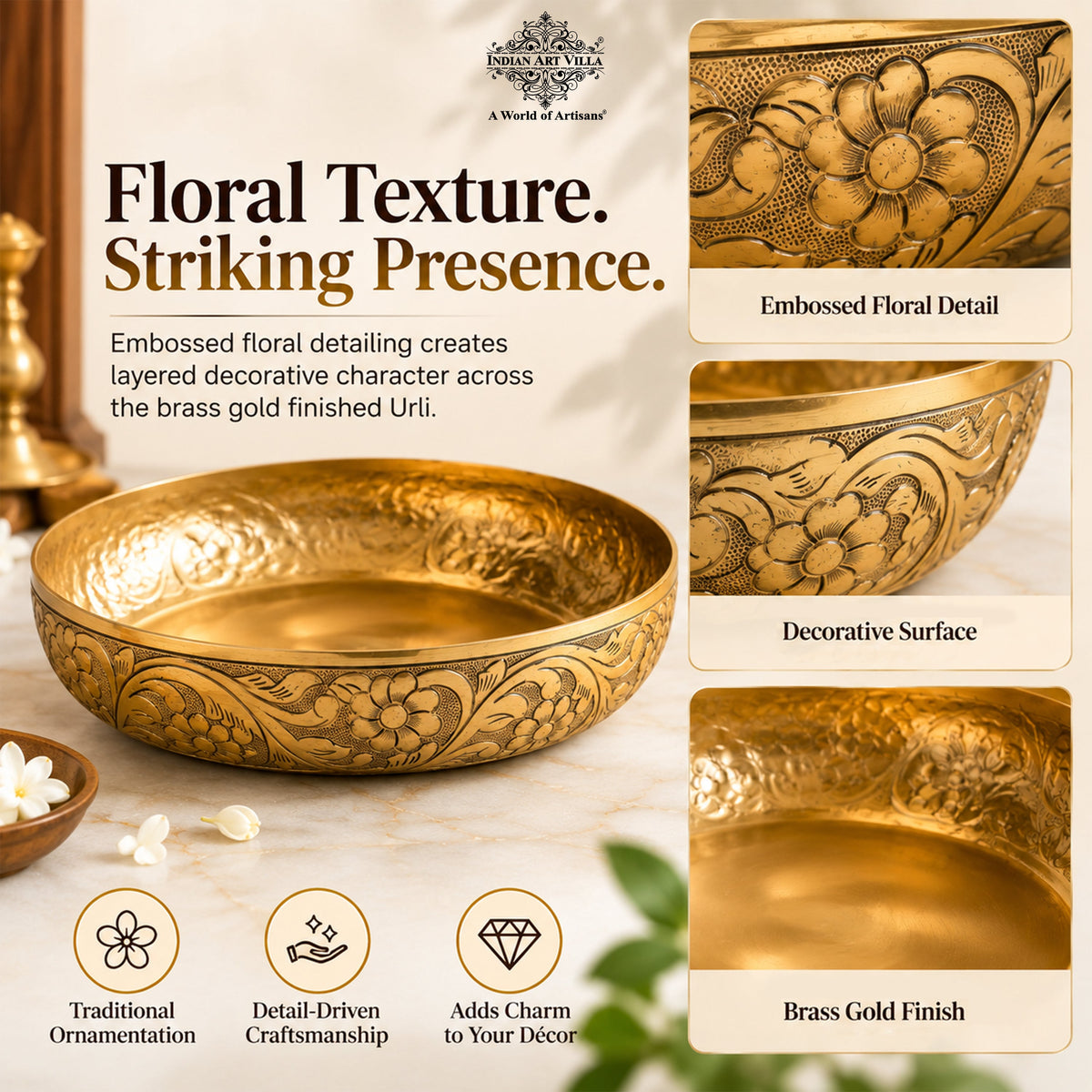 Brass Finish Urli Bowl with Floral Embossed Design