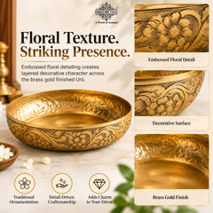 Brass Finish Urli Bowl with Floral Embossed Design