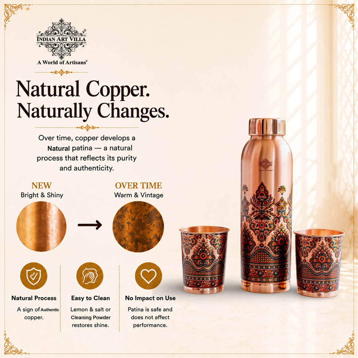 Pure Copper Madhubani Print Bottle & 2 Glass Gift Set – 940 ML