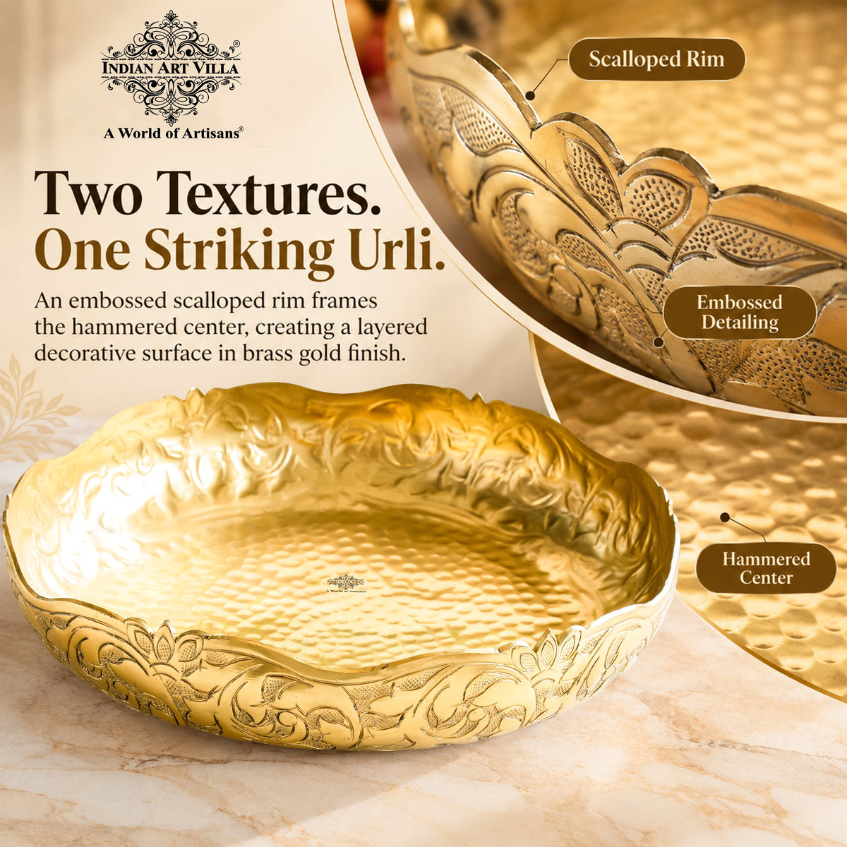 Golden Metal Urli Bowl With Embossed Design