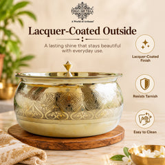 Brass Embossed Handi with Brass Lid & Knob, Tin Lined