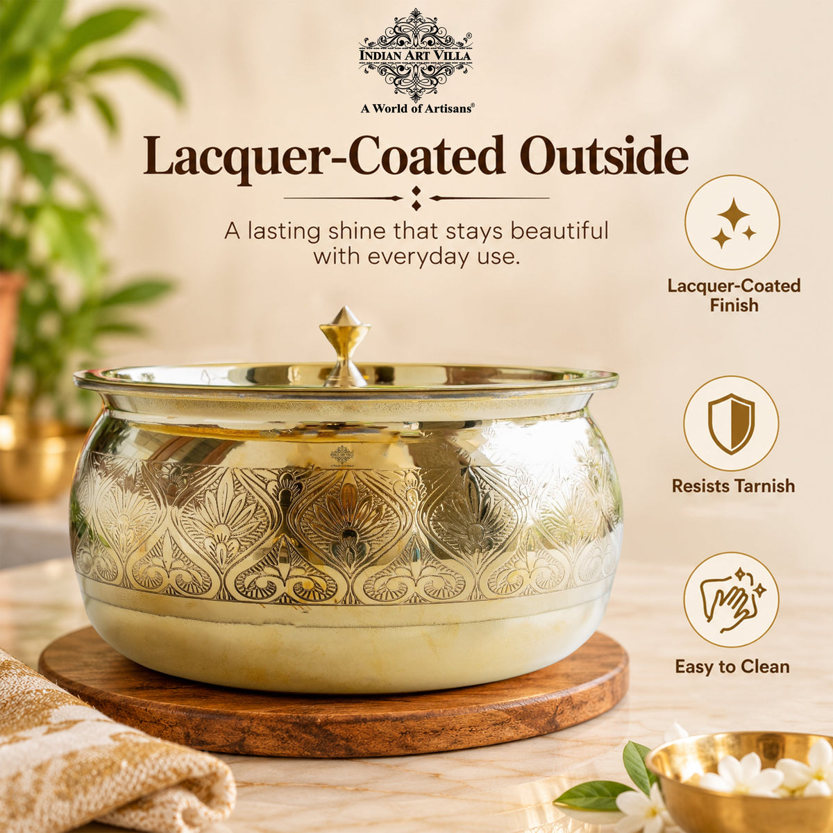Brass Embossed Handi with Brass Lid & Knob, Tin Lined