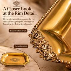 Pure Brass Rectangular Tray with Rose Corner Design