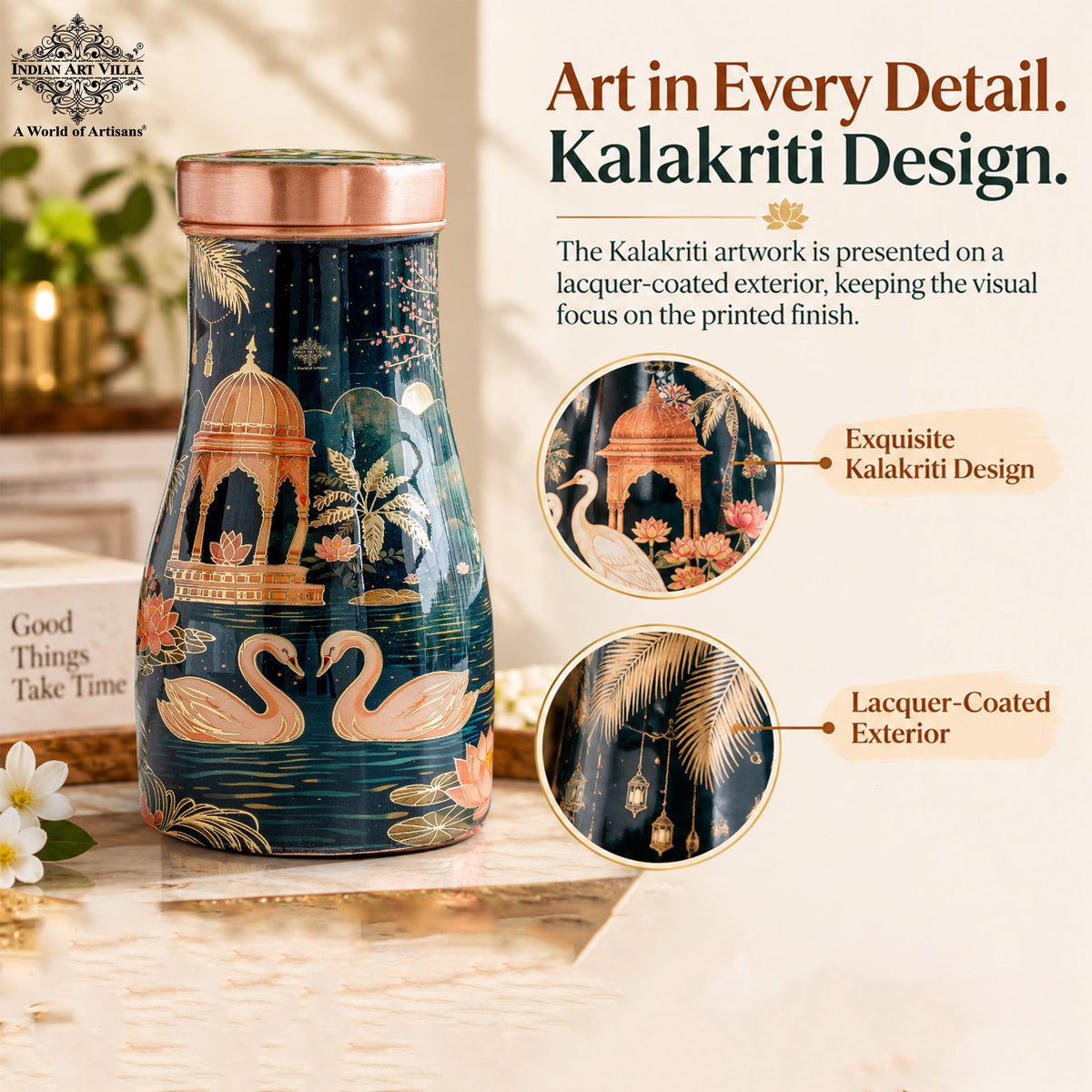 Pure Copper Tawar Kalakriti Print Bedroom Bottle - 950 ML