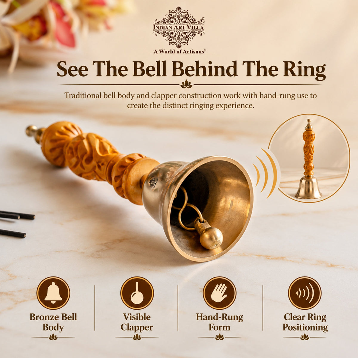 Bronze Pooja Bell with Carved Wooden Handle, Non-Lacquered
