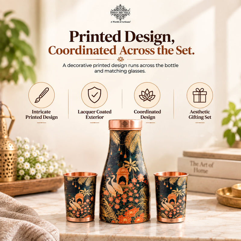 Copper Kalakriti Bedroom Bottle with 2 Glasses Gift Set - 950ML