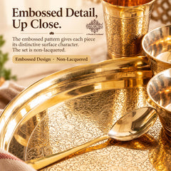 Solid Brass Dinner Set 6Pc - Thali, 2 Bowls, Plate, Spoon, Glass