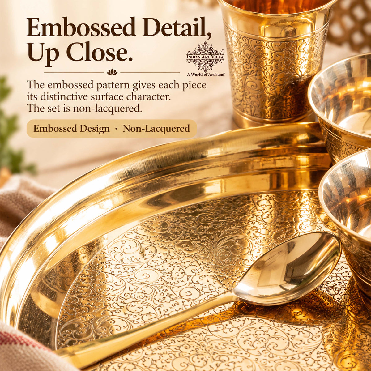 Solid Brass Dinner Set 6Pc - Thali, 2 Bowls, Plate, Spoon, Glass
