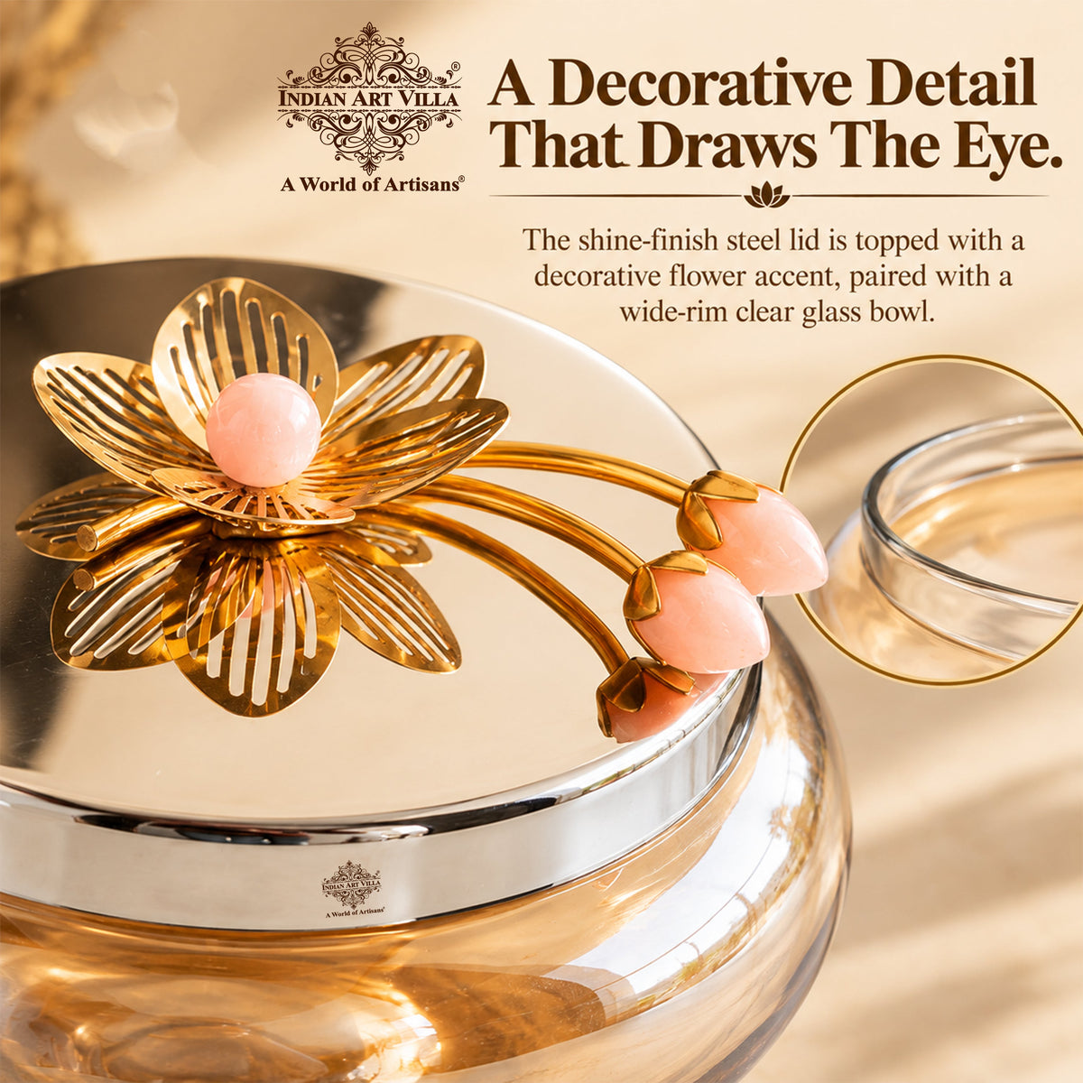 Glass Bowl with Steel Lid & Velvet Gift Box - 1350 ML