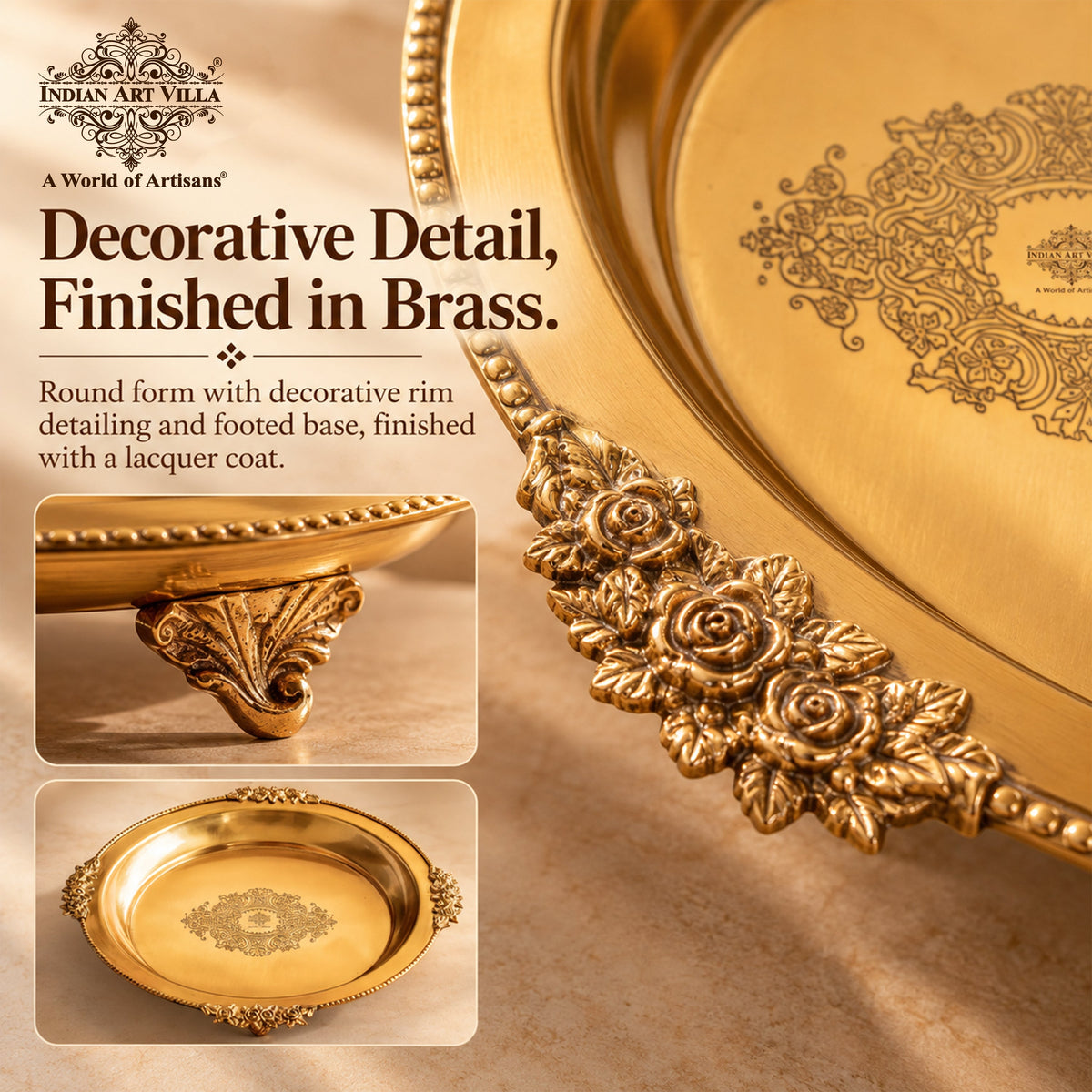 Pure Brass Round Tray with Rose Border For Home Décor
