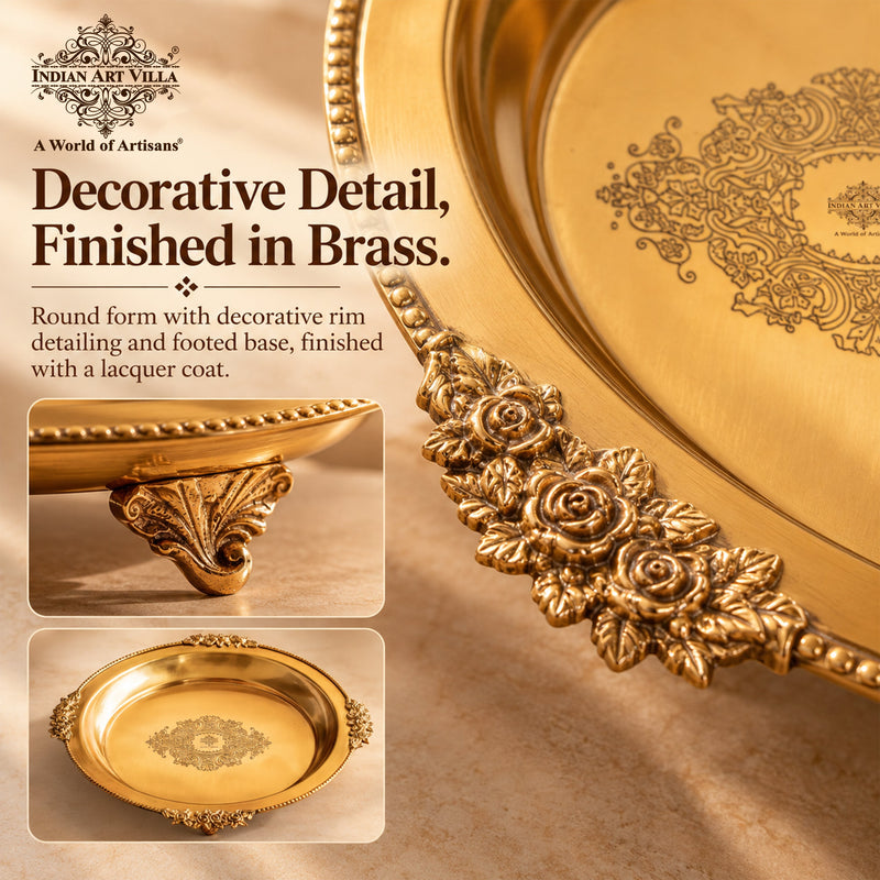 Pure Brass Round Tray with Rose Border For Home Décor