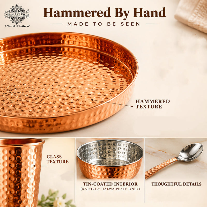 7-Piece Copper Dinner Set, Hammered Thali, 3 Katori, Plate, Glass & Spoon