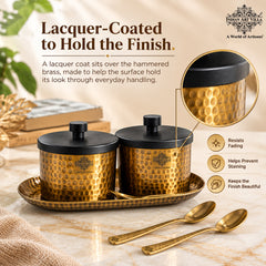 Antique Hammered Brass Finish Condiment Bowl Set of 2 with Lid & Spoon