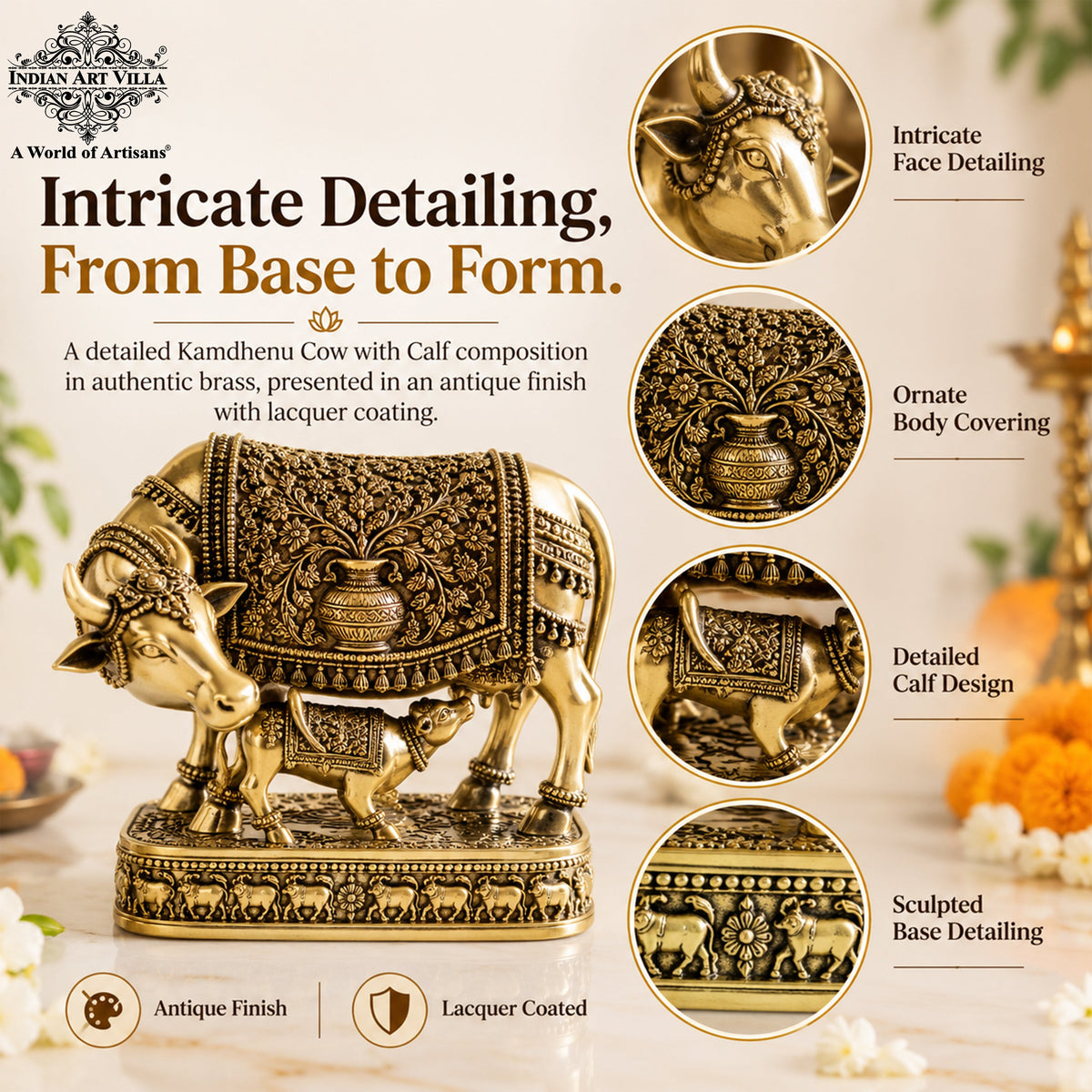Pure Brass Kamdhenu Cow with Calf For Home Temple - 15.24 cm.