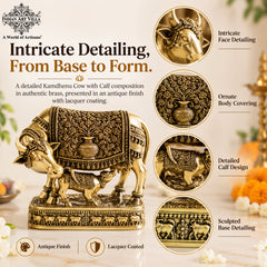 Pure Brass Kamdhenu Cow with Calf For Home Temple - 15.24 cm.