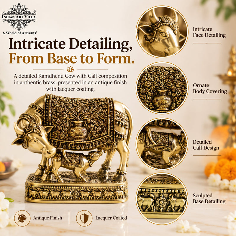 Pure Brass Kamdhenu Cow with Calf For Home Temple - 15.24 cm.