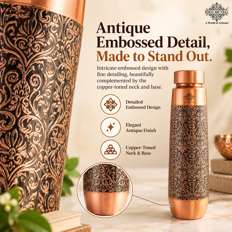 Copper Bottle With Antique Embossed Design - 800ML
