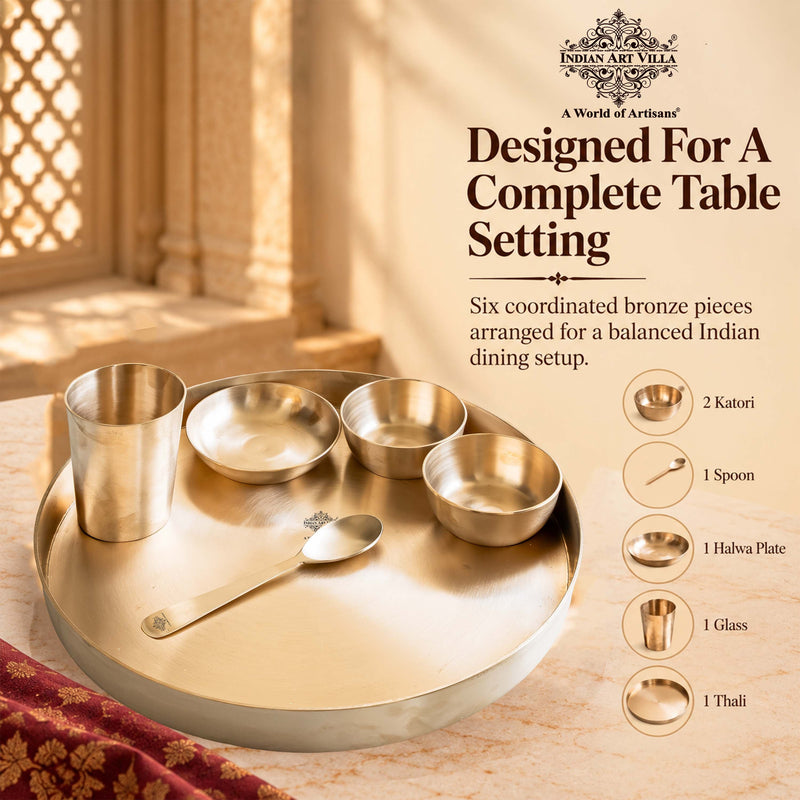 Bronze Dinner Set, 6-Piece with Thali, 2 Katori, Glass, Halwa Plate & Spoon