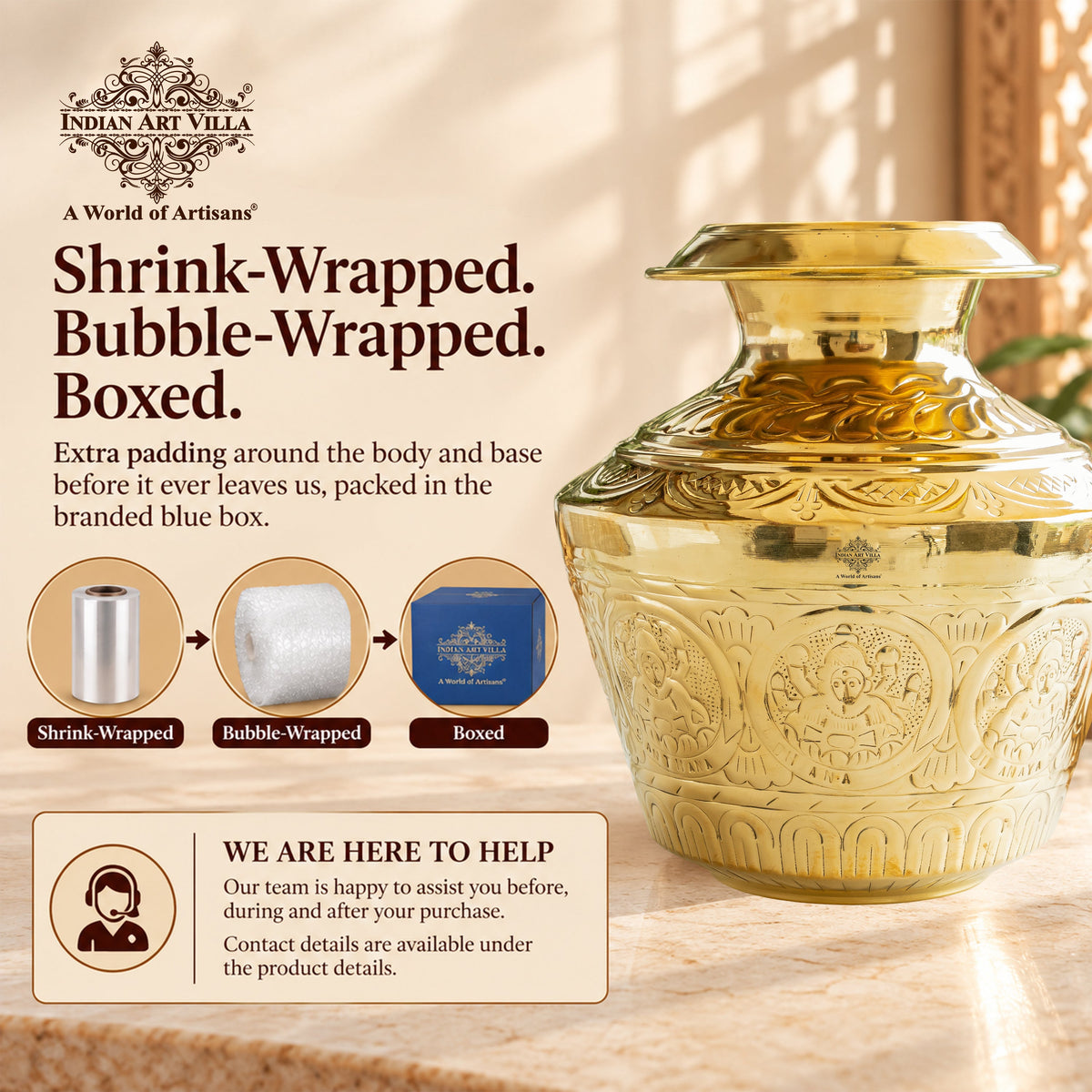 Brass Embossed Kalash with Scrollwork & Base, 3950ml — Hand-Embossed Finish – Authentic Brass