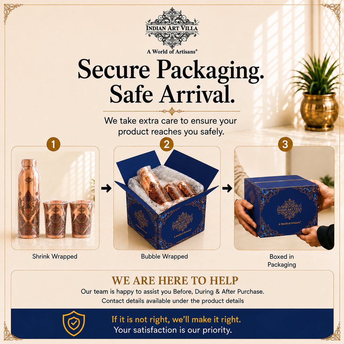 Pure Copper Madhubani Print Bottle & 2 Glass Gift Set – 940 ML