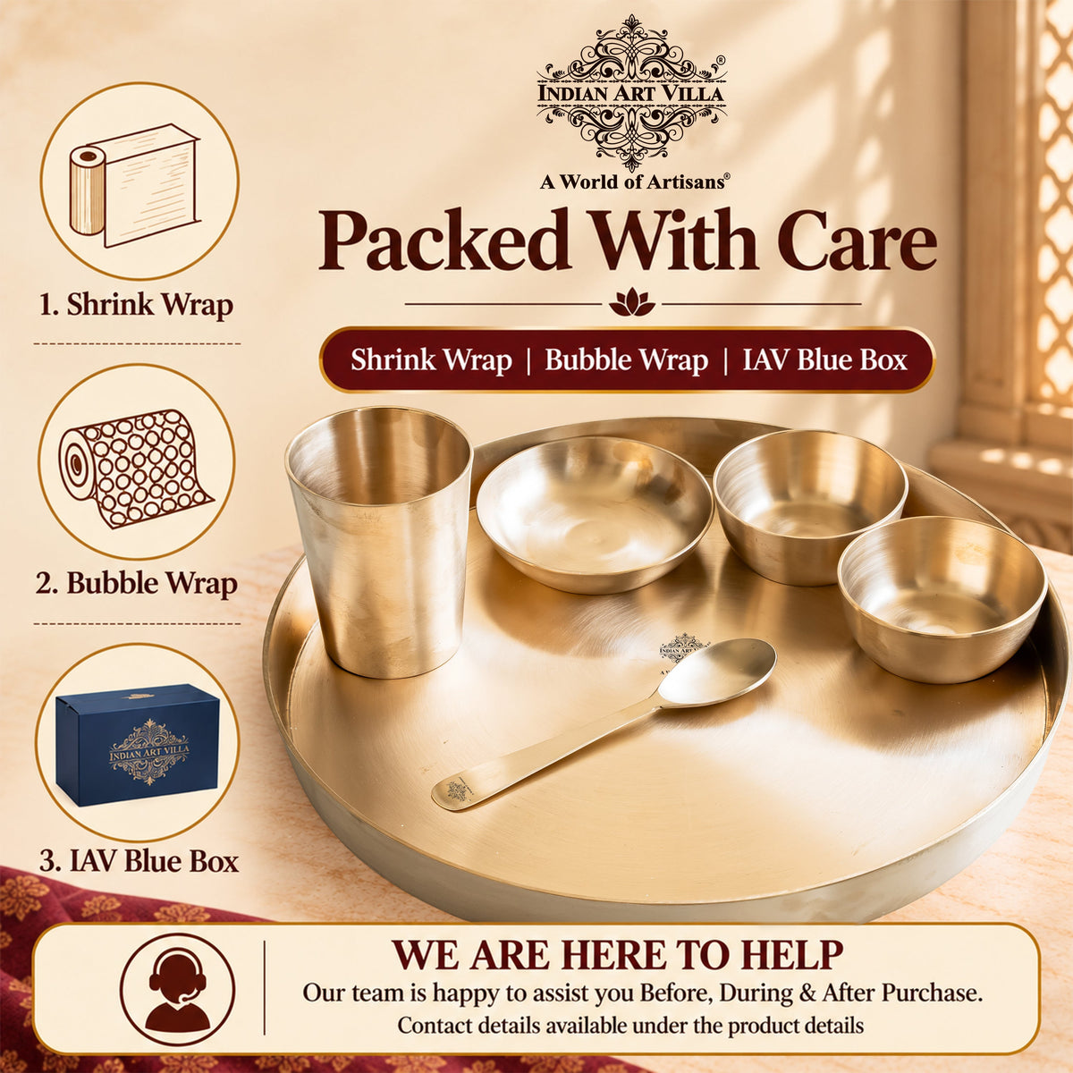 Bronze Dinner Set, 6-Piece with Thali, 2 Katori, Glass, Halwa Plate & Spoon