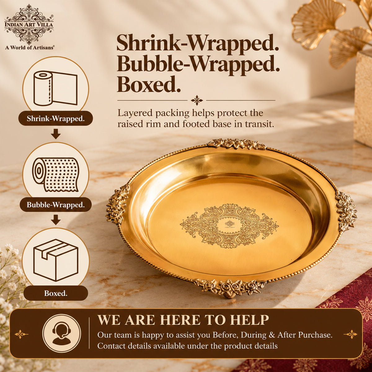 Pure Brass Round Tray with Rose Border For Home Décor