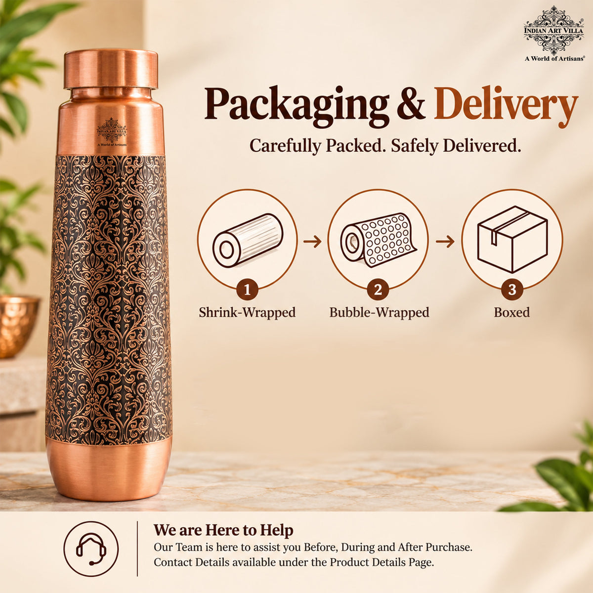 Copper Bottle With Antique Embossed Design - 800ML