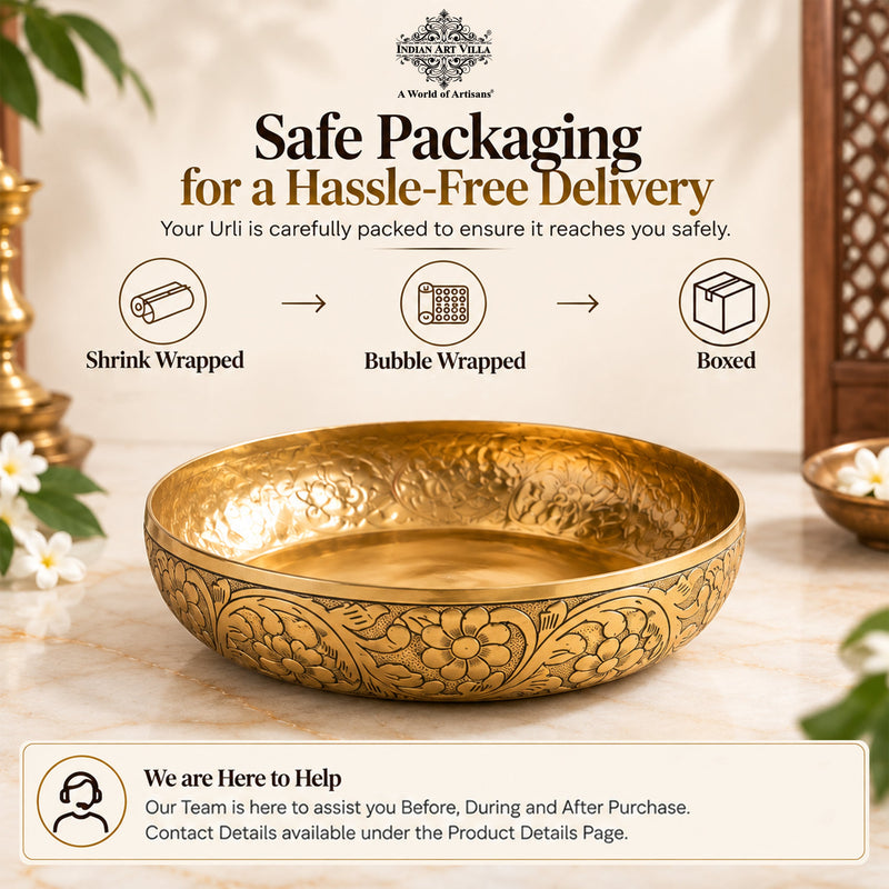 Brass Finish Urli Bowl with Floral Embossed Design